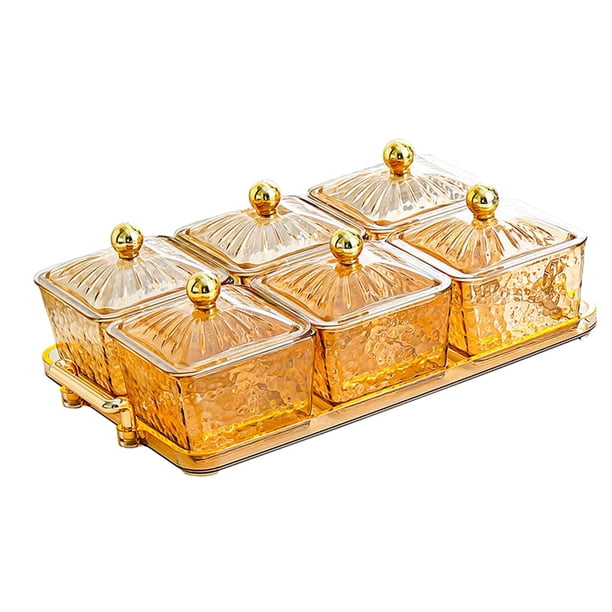 Bandeja para frutos secos con tapa y 6 compartimentos, ideal para bodas, con tarros de azúcar sellados. Amarillo