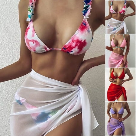 Travelwant Women s 3 Piece Bathing Suits Halter Ring Bikini Set with Cover Up Skirt