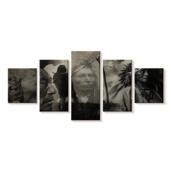 Elephant Stock Native Indian Wall Art - Horizontal Multi Panel Canvas - Living Room Wall Decor - Our America Multi Panel - Gray And Black Decor - 29" x 12"