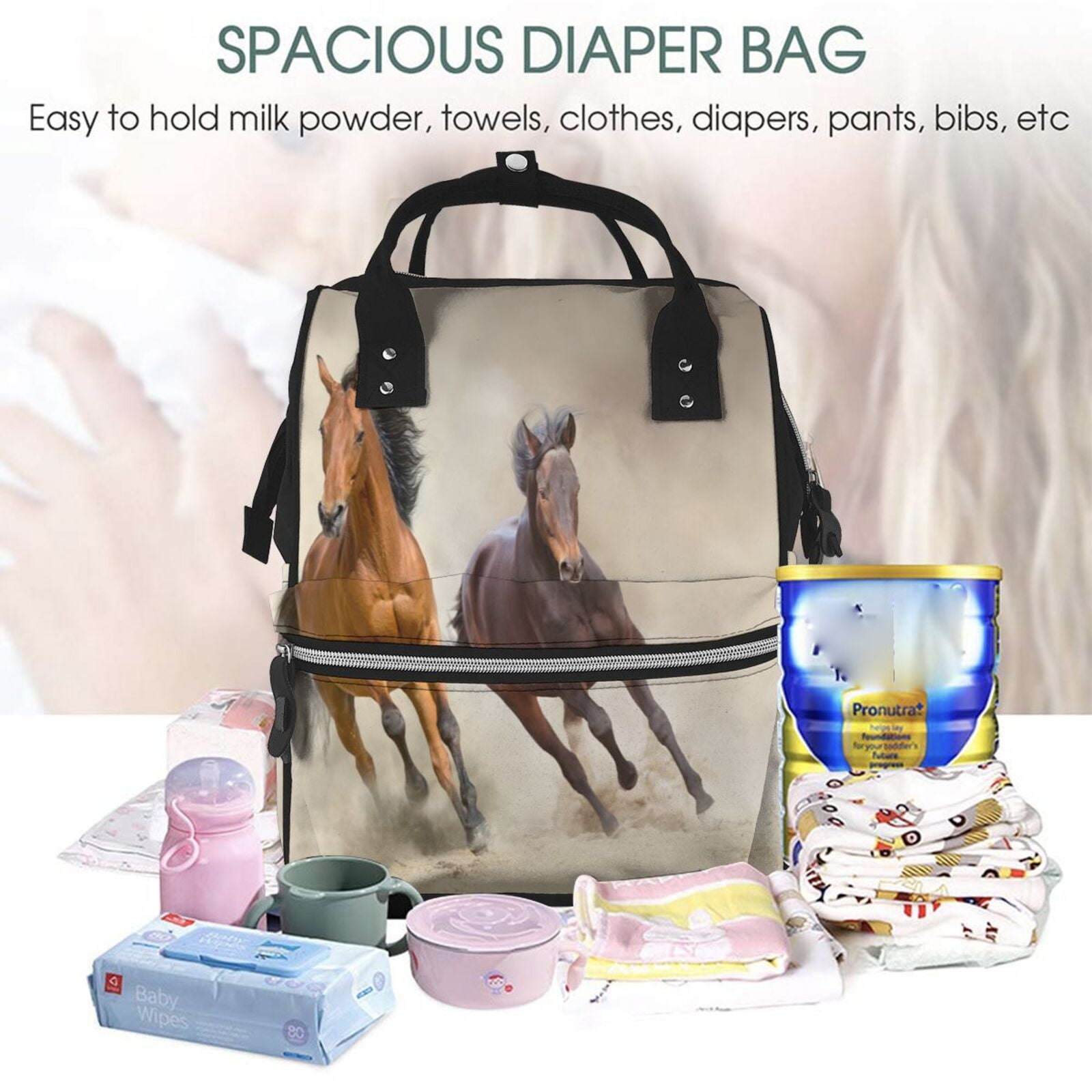 Xecao Horses free run on desert Print Large Capacity Nappy Bag Is a Multi-Functional Waterproof Travel Backpack, Perfect as a Nursing Bag or Mummy Backpack for Women