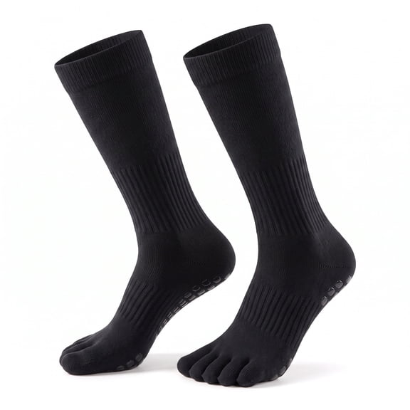 RUNDRAW Black High Elastic Mild Compression Knee High Toe Separator Yoga Socks Non Slip Breathable Calf Length Fitness Socks