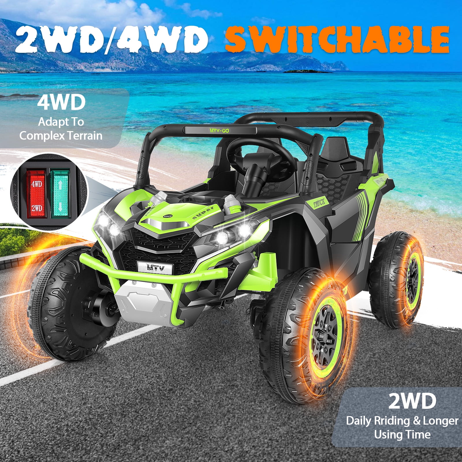 Funcid 24V Ride on Car for Kids, 2WD/4WD Switchable Ride on Car with Remote Control, 2 Seater Ride on Toys, UTV, Bluetooth, Music, LED Lights, Storage Space