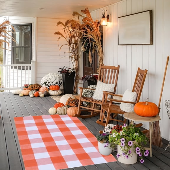 DERONA Fall Plaid Outdoor Rugs Orange and White Check Area Rug Welcome Door Mat Halloween Decorative Mat Farmhouse Mat for Fall Front Porch Décor