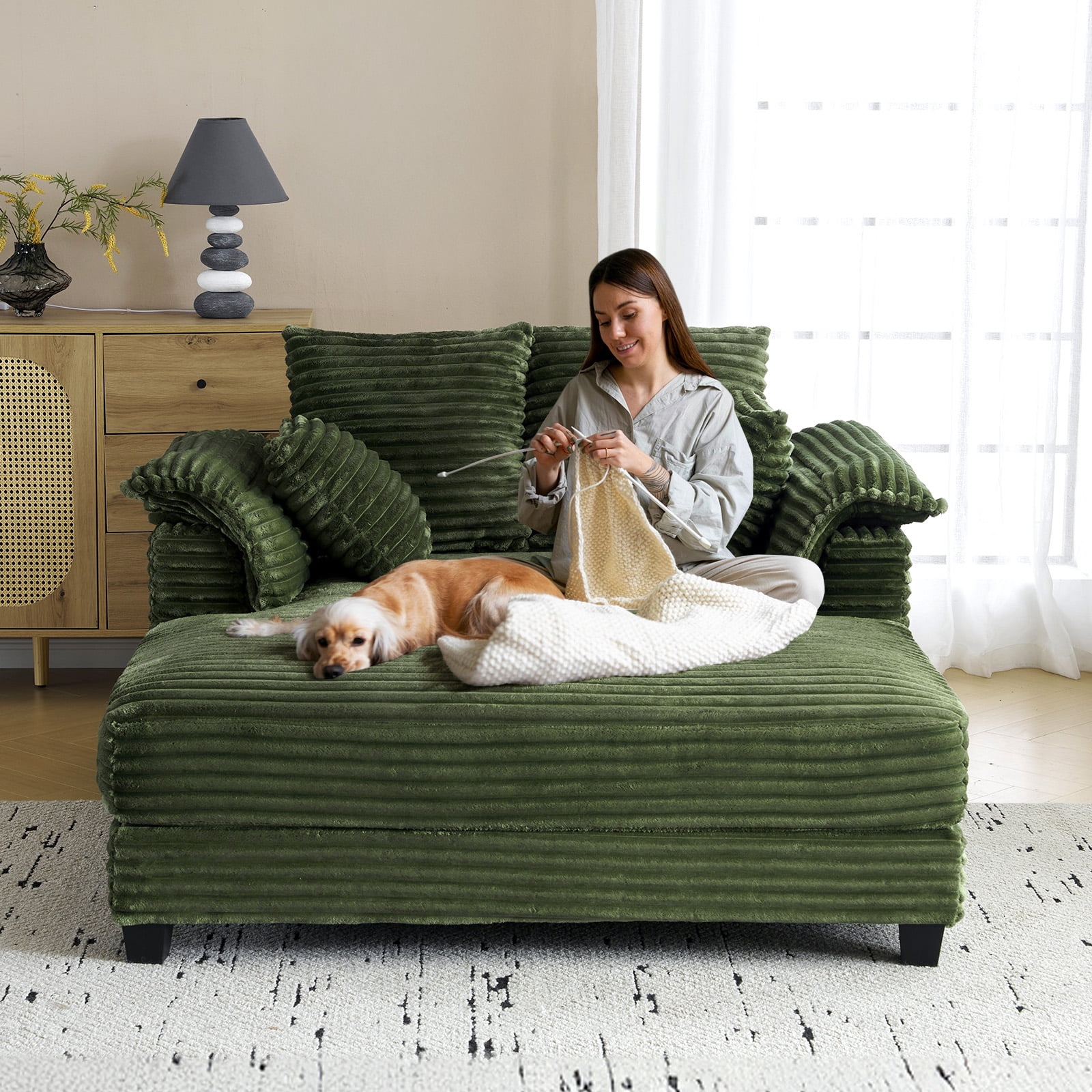 Ktaxon Corduroy Sofa Bed, Upholstered Comfy Sleeper with Pillow Arms, Lounge Chair with Lumbar Support Pillows, Ideal for Small Spaces Olive Green
