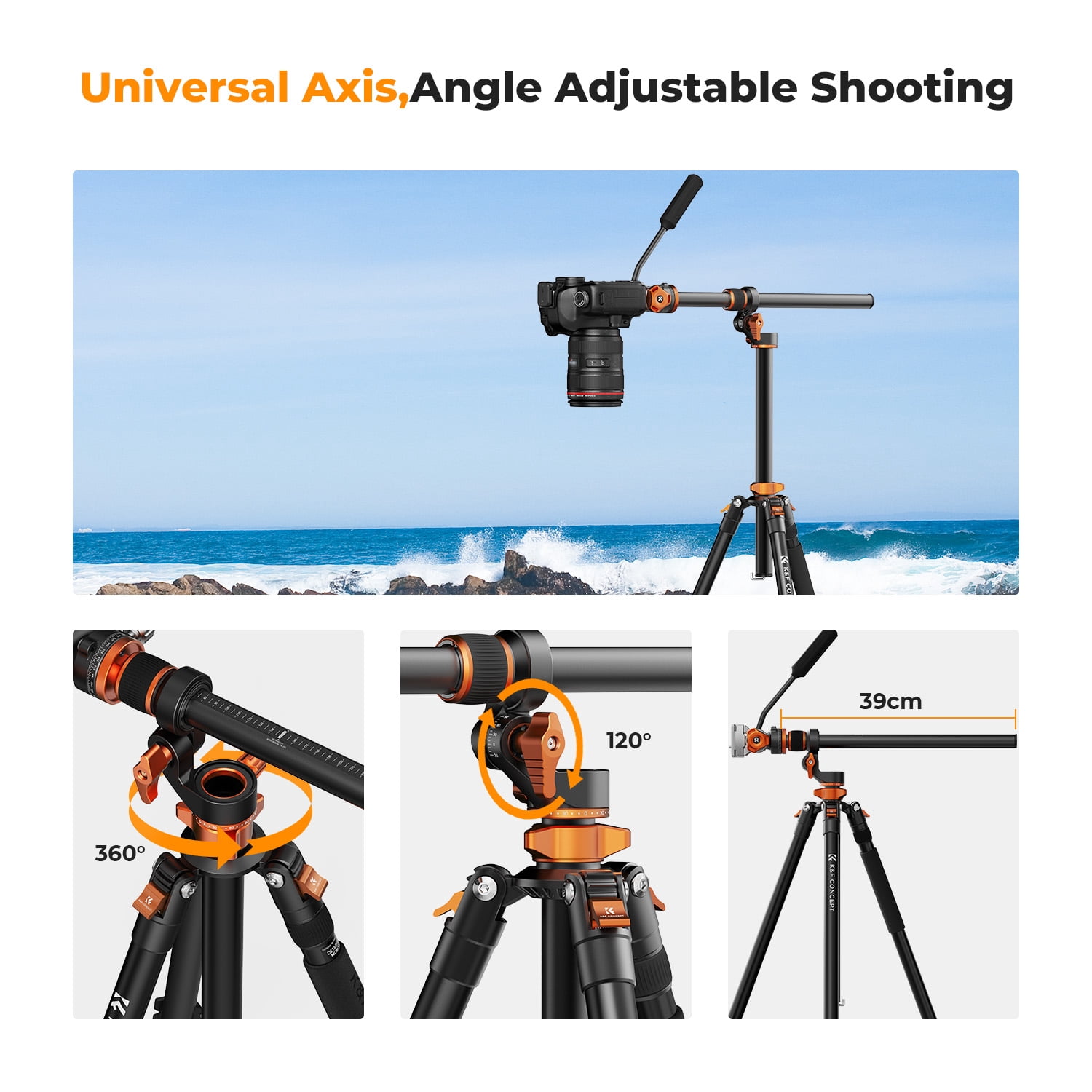 K&F Concept 91 inch/2.3m fluid head tripod video tripod Reversible Detachable Monopod Transverse Center Column horizontal 360 ° panoram