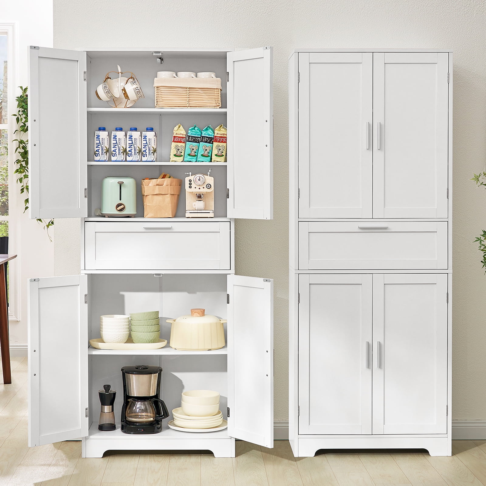 TEENFON Tall Kitchen Pantry Storage Cabinet, Freestanding Cupboard with 1 Large Drawer, for Dining Room, Living Room, Laundry, White