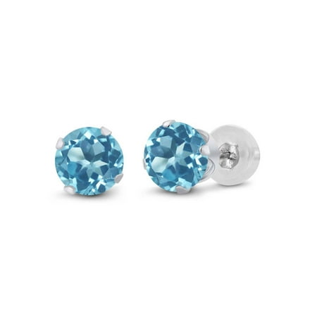 Blue Topaz 14k Gold Earrings - 2.00 Ct Round 6mm Swiss Blue Topaz 14K White Gold Stud Women's Earrings