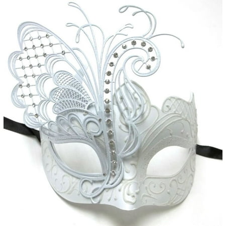 White Metal Filigree Wedding Dance Crystal Butterfly Masquerade Party Mask