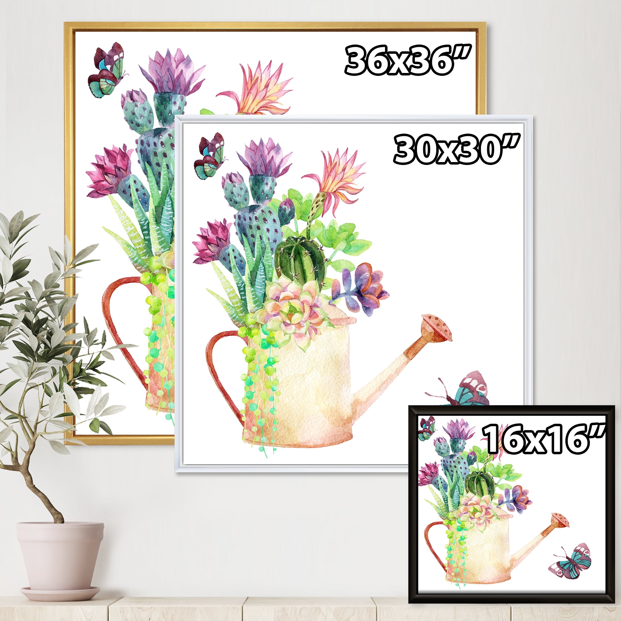 Designart 'Succulents In Old Watering Can With Butterfly' Farmhouse Framed Canvas Wall Art Print