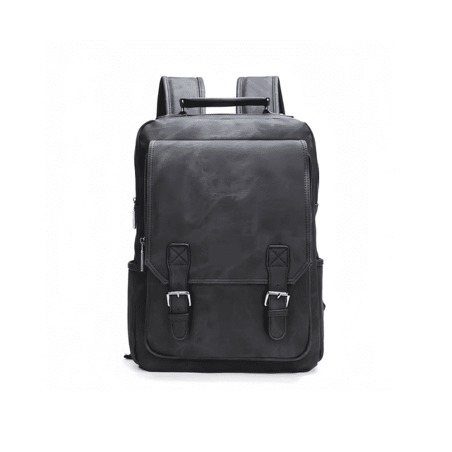 mochila de hombre moda impermeable casual mochila de viaje computadora BELUG negro, vista frontal, centrada; mochila rectangular con solapa frontal y doble hebilla metálica, asa superior acolchada y tirantes ajustables, cremallera metálica visible en el compartimento principal, bolsillos laterales y tejido liso tipo clailón de alta densidad con capacidad para laptop 14" e iPad 9.7"; adecuada para oficina y viajes cortos, también suele usarse para organizar accesorios de viaje.