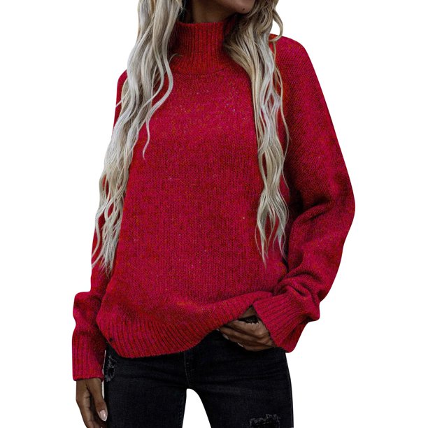 Gibobby Suéter para mujer, Suéter corto de manga larga con cuello redondo para mujer, cuello alto, suéter de acanalado(Rojo,M)