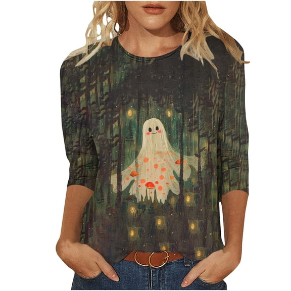 Riecok 3/4 Length Sleeve Women's Shirts Crewneck Funny Ghost Printed Tunic Tops Holiday Party Clothes Green M