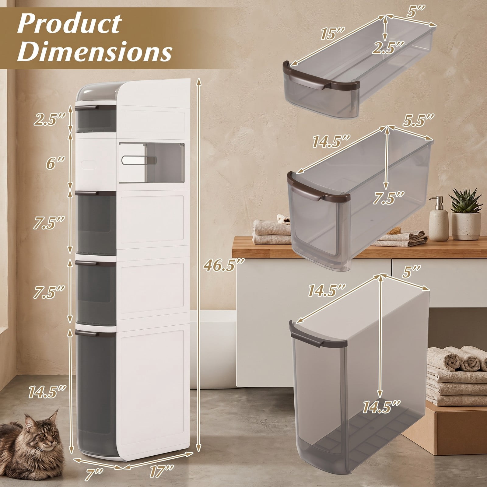 Fenbeli 6-Tier Narrow Bathroom Storage Cabinet with Drawers, Slim Rolling Storage Organizer with Flip-Top and Tissue Box for Bathroom, Laundry Room, Kitchen, White