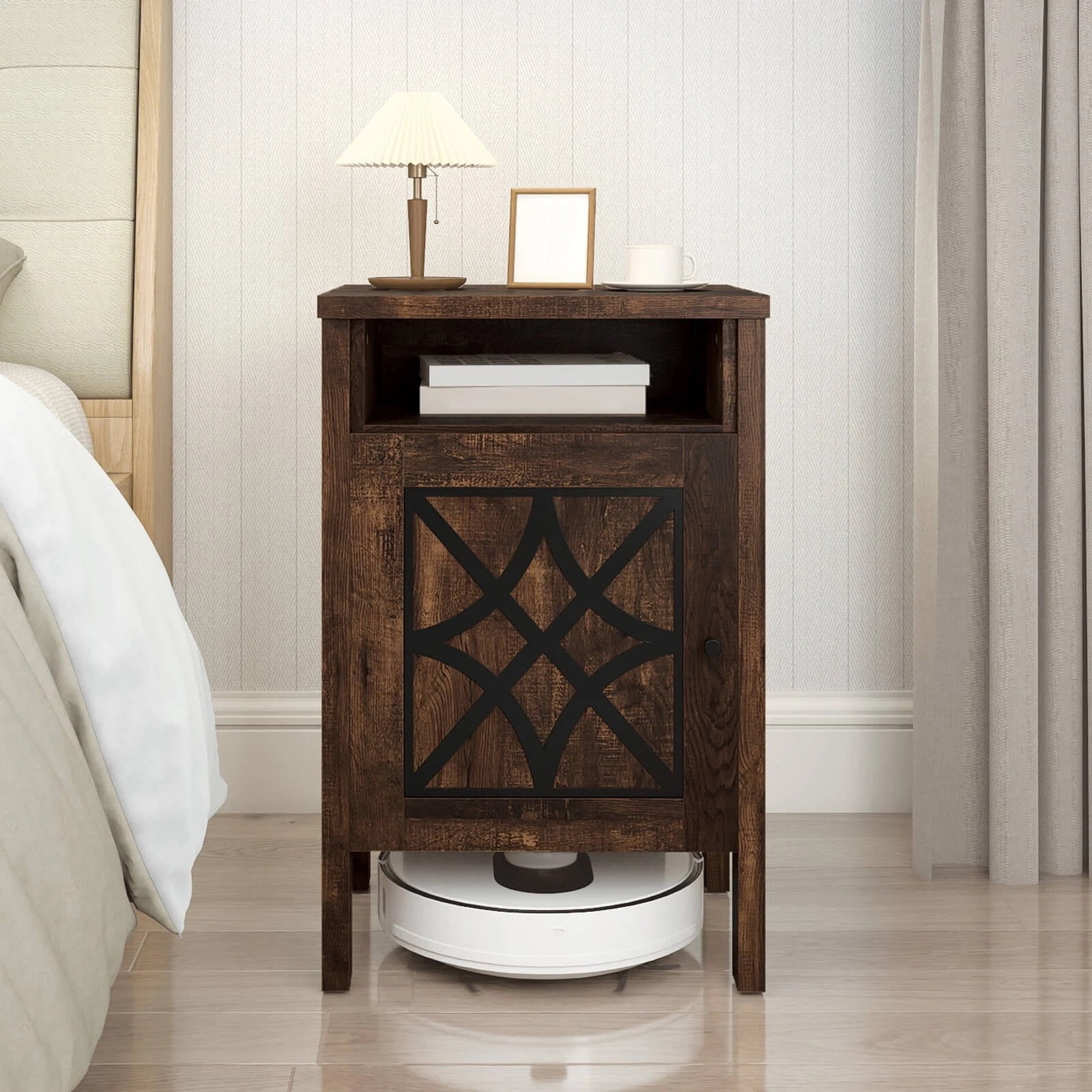 DRAZUNO Robot Vacuum Stand Cabinet with Door & Open Shelf for Home Office Living Room