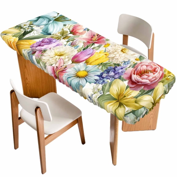 Spring Floral Table Cloths for 8 Foot Rectangle Tables, Farmhouse Elegant Flowers Watercolor Patio Waterproof Elastic Fitted Tablecloths, Washable Rectangular Table Cover for Camping