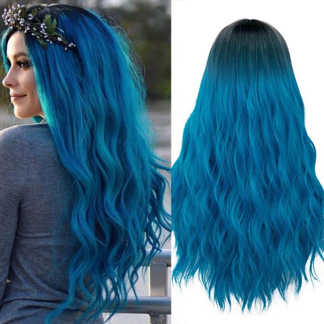 Mildiso Pelucas azules para mujer de 26.0 in de largo, peluca azul degradado con gorro de peluca, peluca de sirena azul ondulada rizada, pelucas naturales lindas y suaves para fiesta diaria M052B
