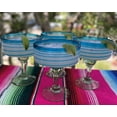 thumbnail image 2 of Dos Suenos Mexican Hand Blown Glass Set of 4 Hand Blown Margarita Glasses with Aqua Spiral Design, 2 of 6
