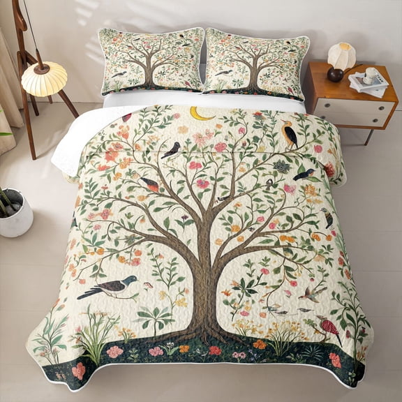 Homewish Tree of Life Flower Twin Quilt Set, Botanical Animal Theme Twin Coverlet Set, 2-Piece 1 Bedspread and 1 Pillowcase