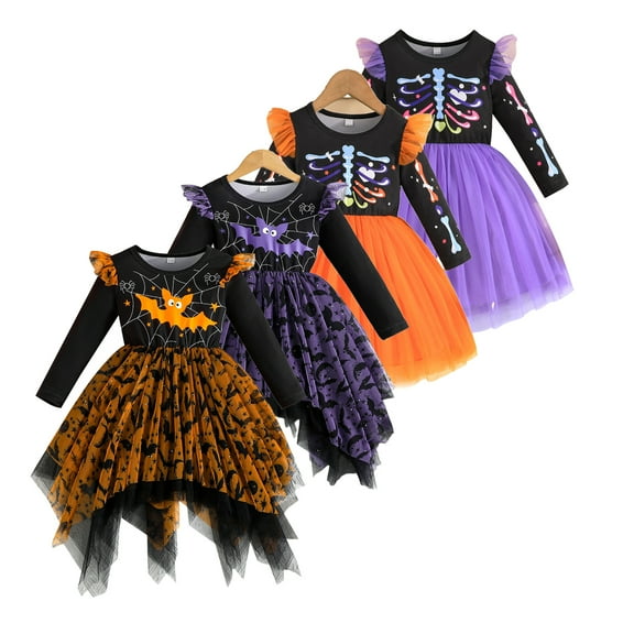 Bellafa Baby Girls Ghost Spider Tulle Dress Toddler Girl Ruffler Long Sleeve Halloween Irregular Tutu Dresses for Kids 1-5 Years
