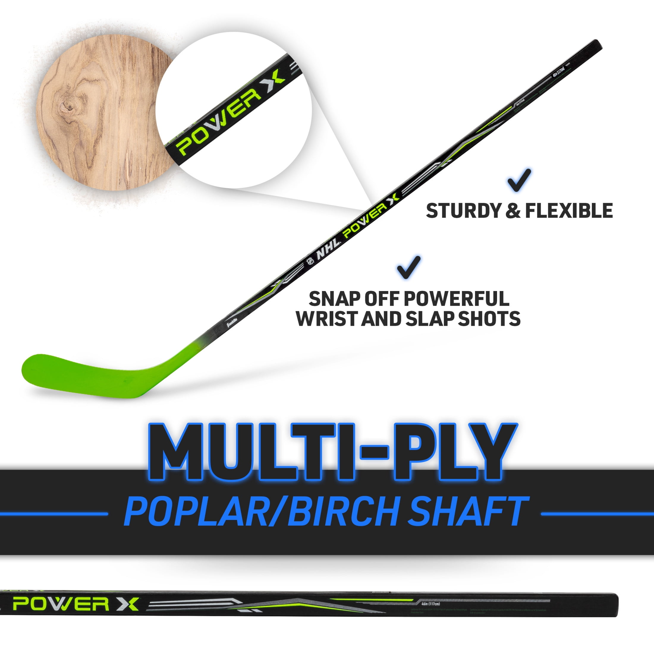 Franklin Sports Street Hockey Sticks - Power X Youth Street Hockey Stick - Wood and Fiberglass Shaft - ABS Blade - One Piece - 46" Left Handed