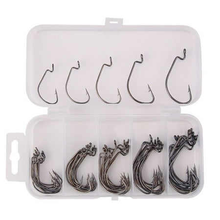 Zhuitw 50 Pcs/Box Jig Crank Barbed Hook High Carbon Steel Wide Gap Offset Fishhook Bass Barbed Carp Fishing Hook Soft Baits Offset Fishhook for Soft Worm Jig Mold Hooks