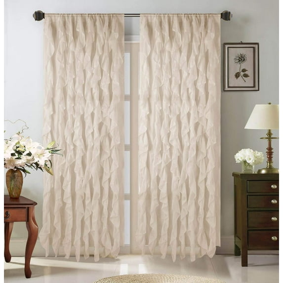Sapphire Home 2 Cascade Curtain Panels, Pink Ruffle 95" Curtain Panels, Sheer Voile Vertical Ruffled Curtain Panels, Cascade 95" Ivory