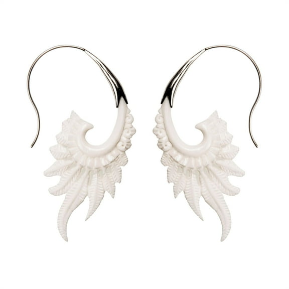 81stgeneration Long Feather Bone Earrings for Women with 925 Sterling Silver Hooks - Tribal Wing Spiral Earrings - Hypoallergenic Boho Threader Earrings - Hand Carved Bone Jewelry