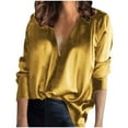 thumbnail image 2 of Hfyihgf Women's Elegant Deep V Neck Blouse Long Sleeve Silk Satin Office Tops Casual Loose Plain Workwear Shirts(Yellow,XXL), 2 of 7