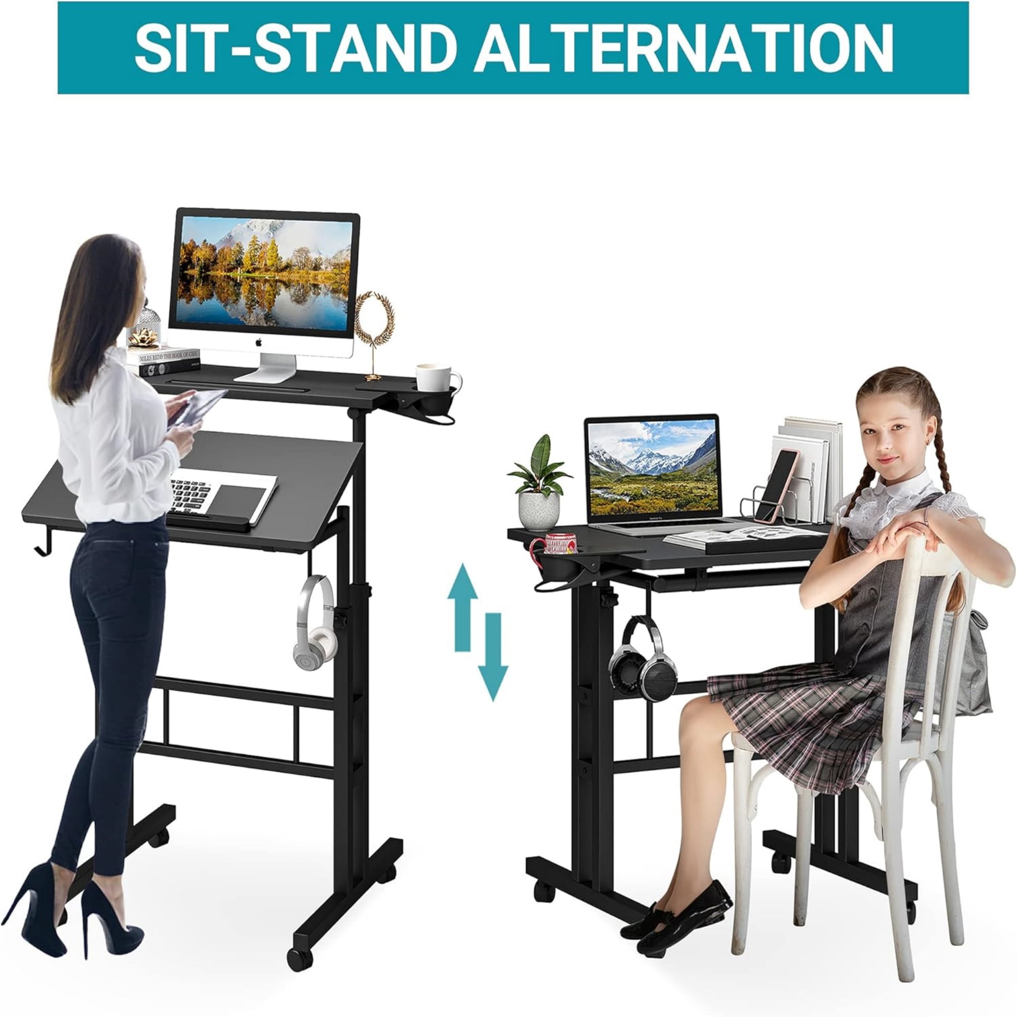 Standing Desk Height Adjustable with 2 Splice Board,Cup Holder,for Home Office, Black