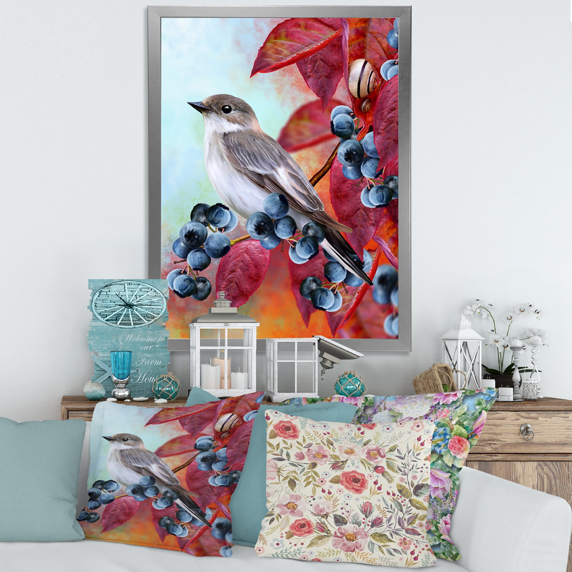 Designart 'Close Up Little Gray Bird On Red Autumn On Blueberry Twig' Traditional Framed Art Print