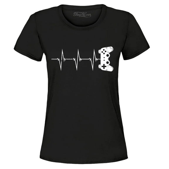 Shop4Ever Women's Gamer Heartbeat Controller Graphic T-Shirt XX-Large Black