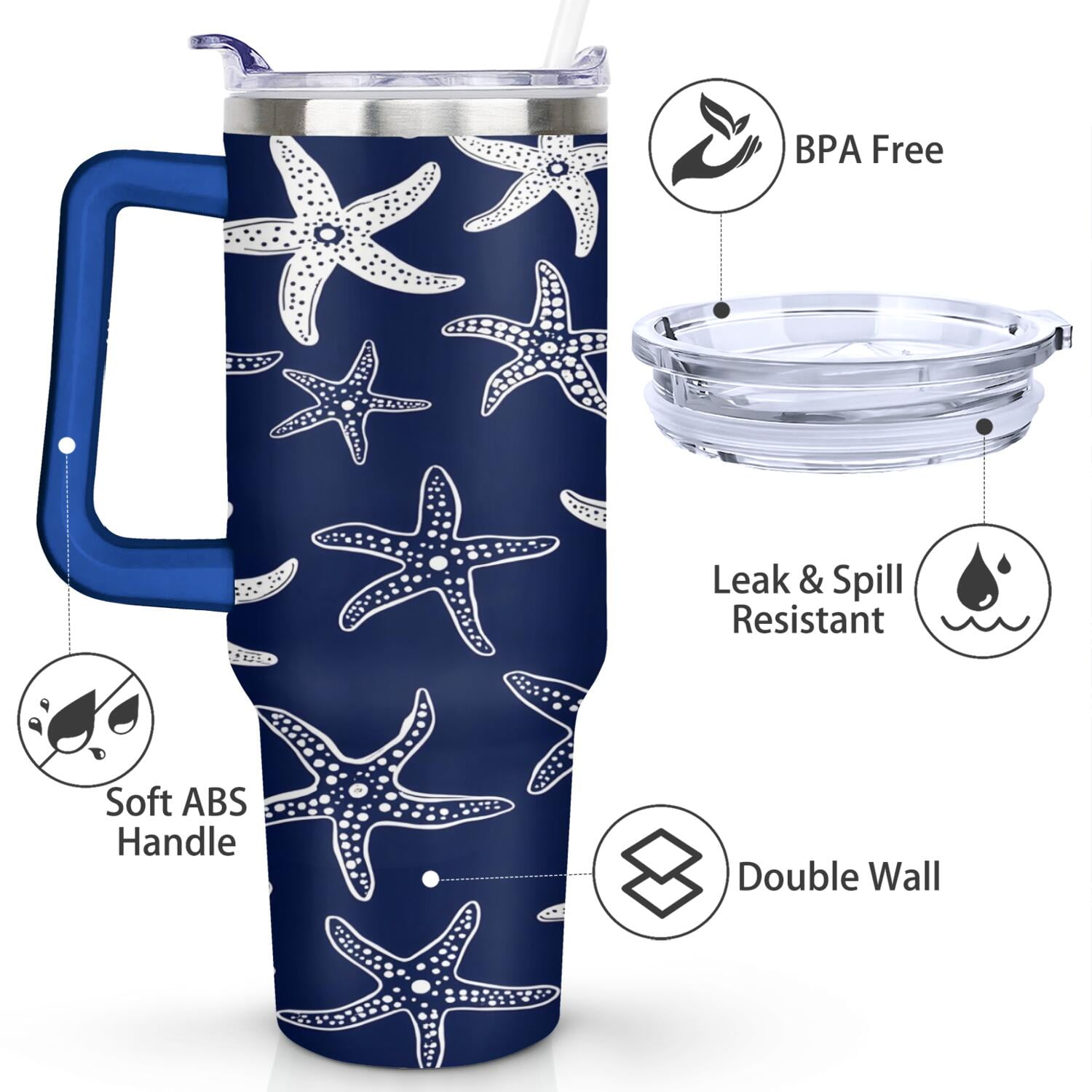 40 oz Tumbler Starfish with Handle Stainless Steel Travel Mug Leak Resistant Cup Car Cup Holder Friendly for Gym Travel Office
