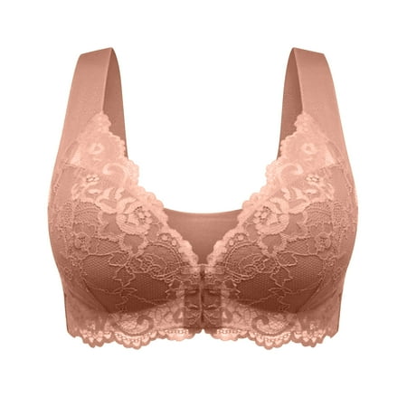 miqiqism Womens Bra Front Closure Sports Bras Full Coverage Comfort Wirefree Everyday Bra Push Up Breathable Plus Size Underwear Trendy Solid Lace Underwear Coffee 3X-Large