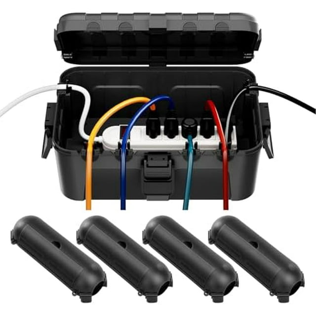 IP54 Extra Large Outdoor Box w/ 6 Cable Seal Entry, Bundle w/ 4 Small Weatherproof Extension Cord Safety Cover, Protect Power Strip, Timer Outlet Plug, Christmas Decoration, Black. Black Black