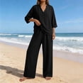 thumbnail image 2 of Linen Two Piece Outfits for Women Summer V Neck Button Down Tops Wide Leg Pants Set Casual Loose Matching Sets For Vacation, 2 of 7