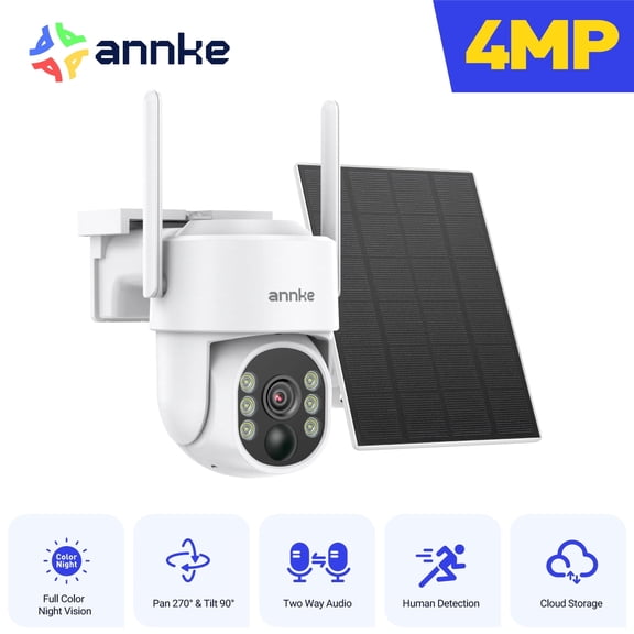 ANNKE 4MP Solar PTZ Wireless Outdoor Security Camera 360 View Rechargeable Battery 2-Way Audio PIR Color Night Vision IP65 Weatherproof