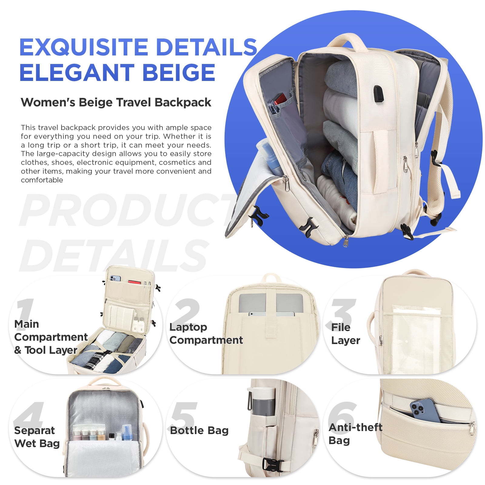 XJ-HOME Large Carry-On Backpack for Travel, Airline Approved Backpack with Charging Port, Waterproof Personal Item Bag for Women Men, Fits 17.3" Laptop, Beige