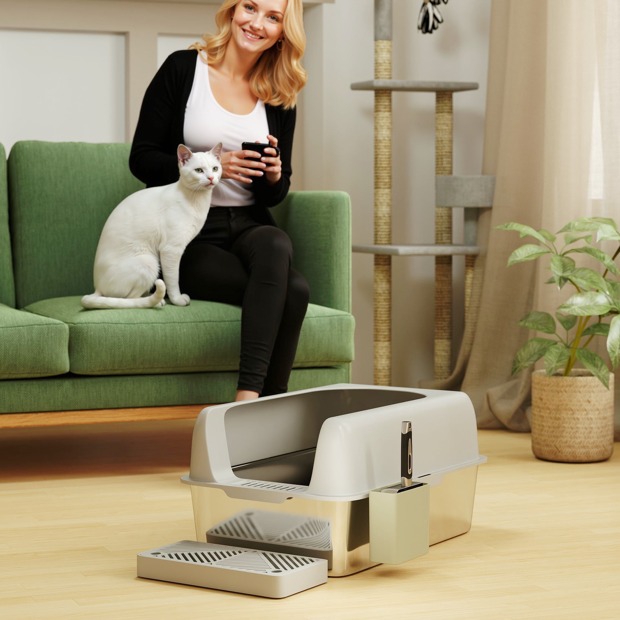 PawHut Stainless Steel Litter Box, Metal Litter Box with High Sided for Easy Clean & Anti-Urine Leakage, with Metal Scoop & Scoop Holder