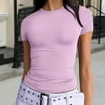 thumbnail image 2 of Short Sleeve Shirt for Women Round Neck Fitted Solid Color Slim Basic Tees Tops Trendy Summer Tight Y2k Clubwear, 2 of 7