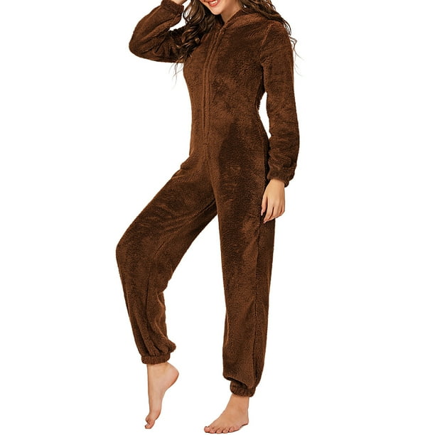 Pijama de forro polar para mujer, con capucha, peludo, cálido, mono, mono, ropa de dormir Eccomum Café/4X-grande