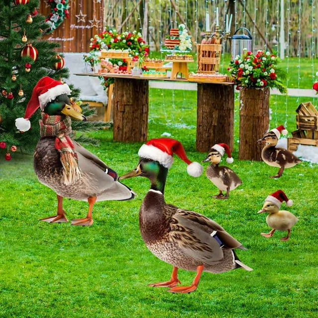 Xihbxyly Pollo con Sombrero Navideño, Adorno para El Suelo, Decoración Navideña, Artesanía Realista, Uso Interior y Exterior, Ideal para Jardín y Porche, 24 X 31 X 0,75 Cm, Juego de 5