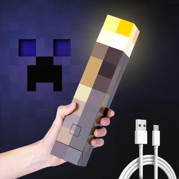 Pixels Brownstone Torch Light with Wall Mountable, 11 Inch LED Night Light, USB Rechargeable for Torch Lamp, Kid's Bedroom Living Room Gaming Room Decoration, for Costume Cosplay Role Play