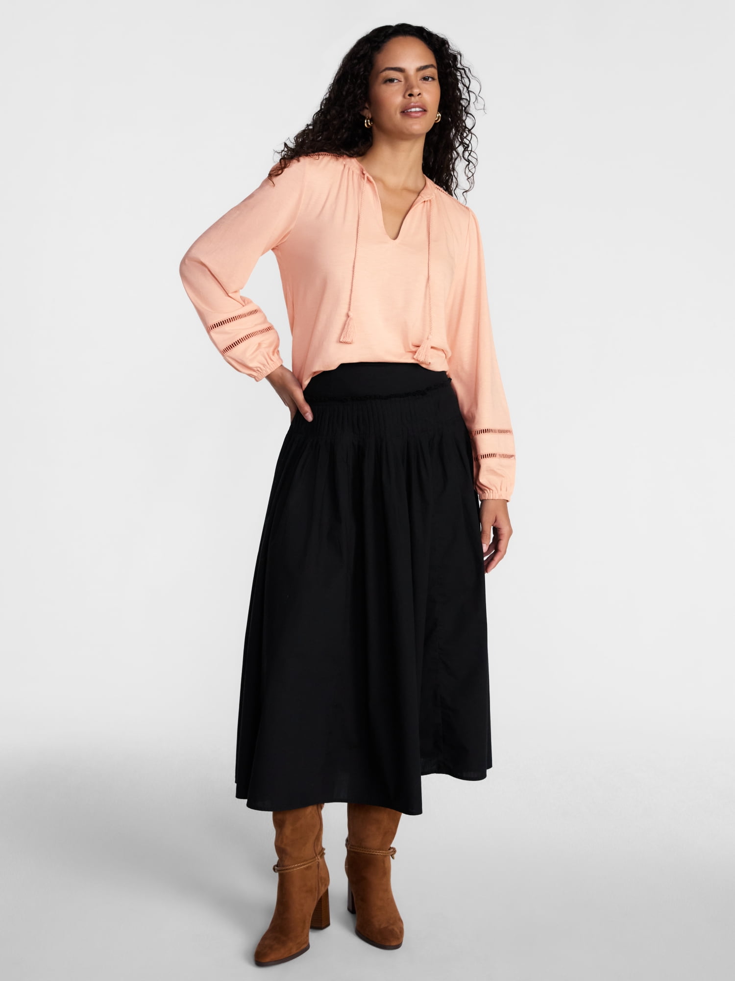 Scenario Women's Slub Knit Split Neck Top with Long Sleeves, Sizes XS-XXXL