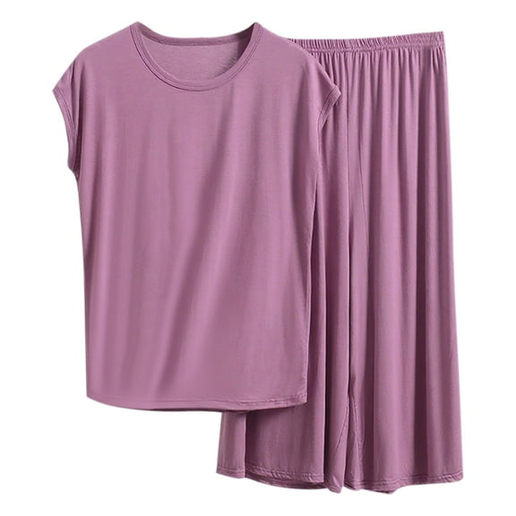 hotojiny Women Plus Size Pajama Sets Solid Color Crew Neck Short Sleeve Sleepwear Flowy Wide Leg Pants Outfit Size Xl-5Xl