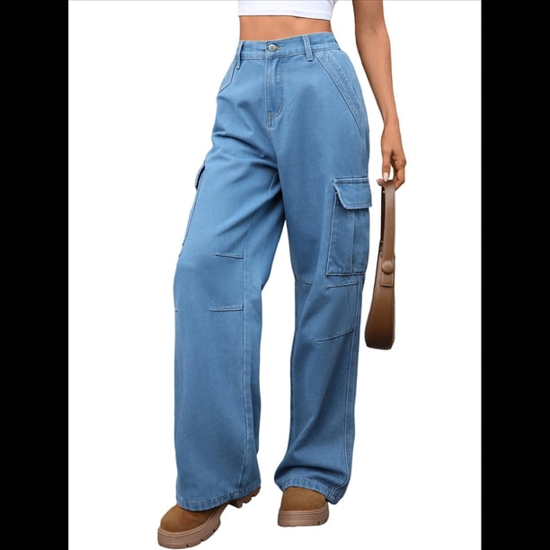 Pantalones Vaqueros Holgados para Mujer, Elásticos, Sueltos, de Cintura Alta y Pierna , Estilo Años 90, Y2K Azul Vaquero L