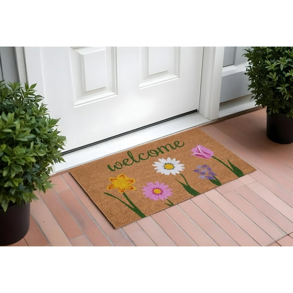 17" X 29" Natural Pink and Green Coir Floral Welcome Outdoor Door Mat