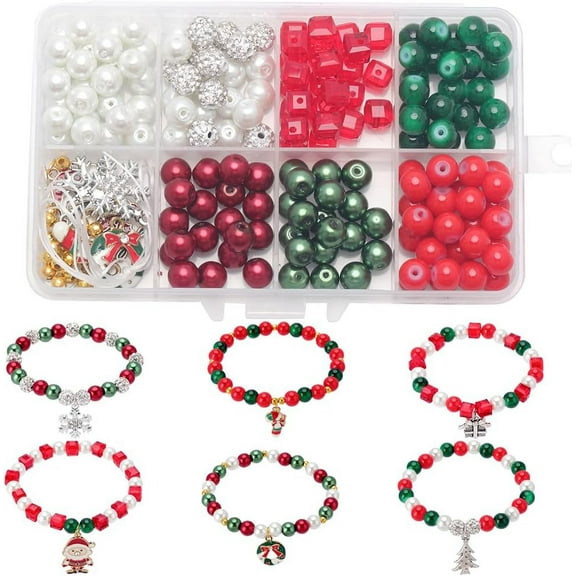 1 Box 218Pcs DIY 6Sets Christmas Bracelet Making Kit Red Green Glass Beads Christmas Tree Enamel Charm Jingle Bell Snowflake Charms Rhinestone Bead for Jewelry Making Kits Beading Supplies colorful