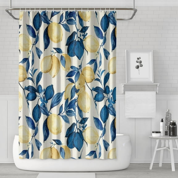 Spring Shower Curtain, Lemon Lover Floral Fruit Print Waterproof Bath Drapes 72x72 Inch Fresh Yellow Summer Polyester Fabric with 12 Hooks