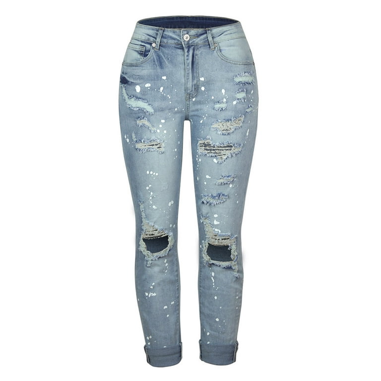 Bigersell Cute Distressed Jeans Full Length Pants Ladies Spring and Fall  Denim Wide Leg Pants Ripped Shrink Jeans Ladies Bootcut Pant 
