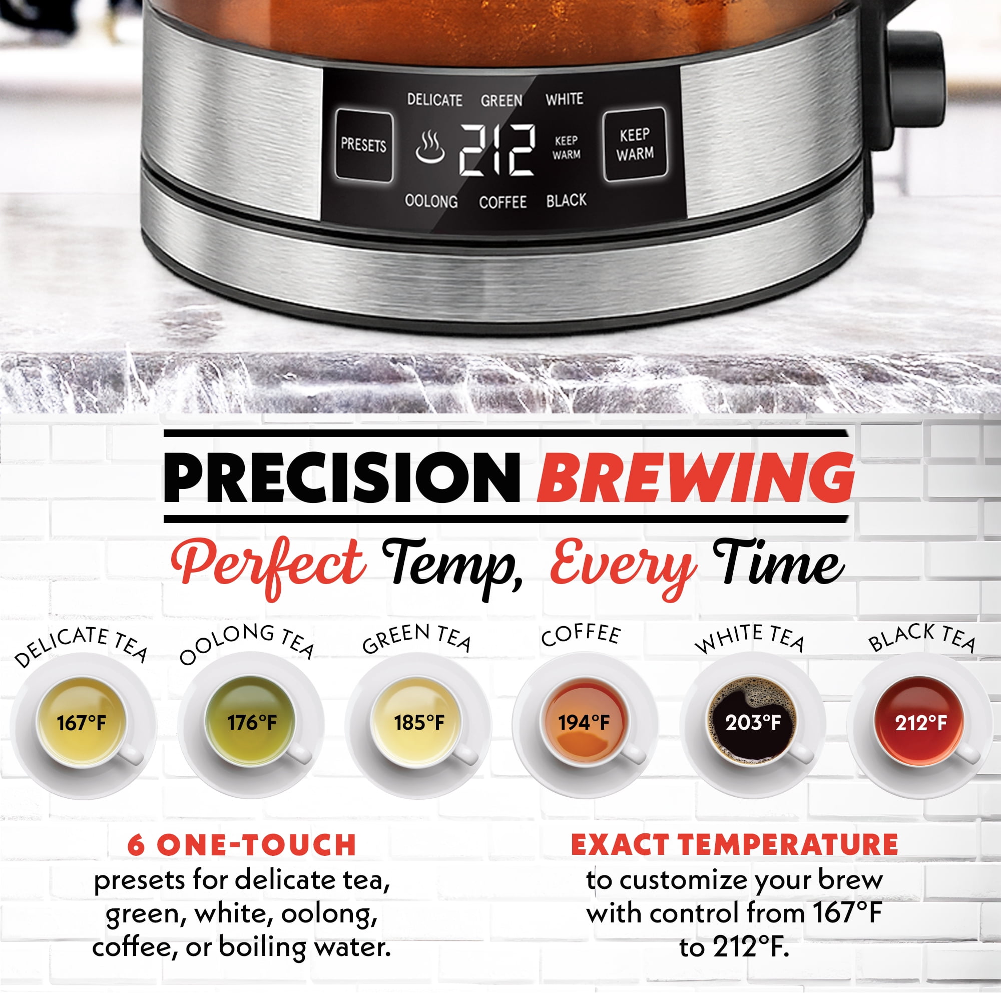Gourmia 1.7L Programable Glass Kettle with Touch Display, Infuser, Black